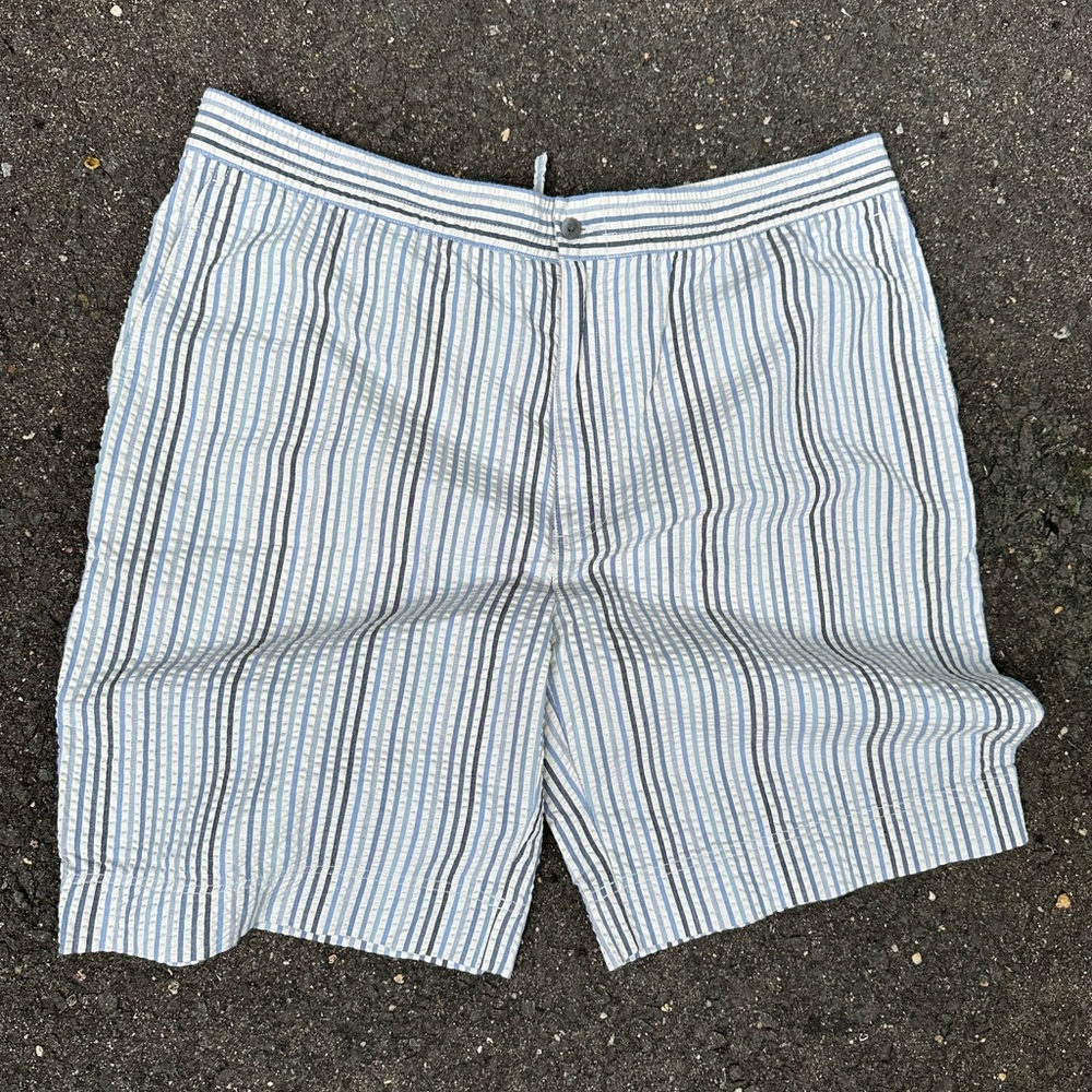 Striped Seersucker Flat Front Shorts — Blue & White
